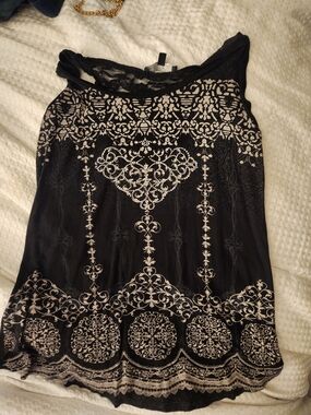 B.L.E.U. Black Tank with Cream Baroque Print